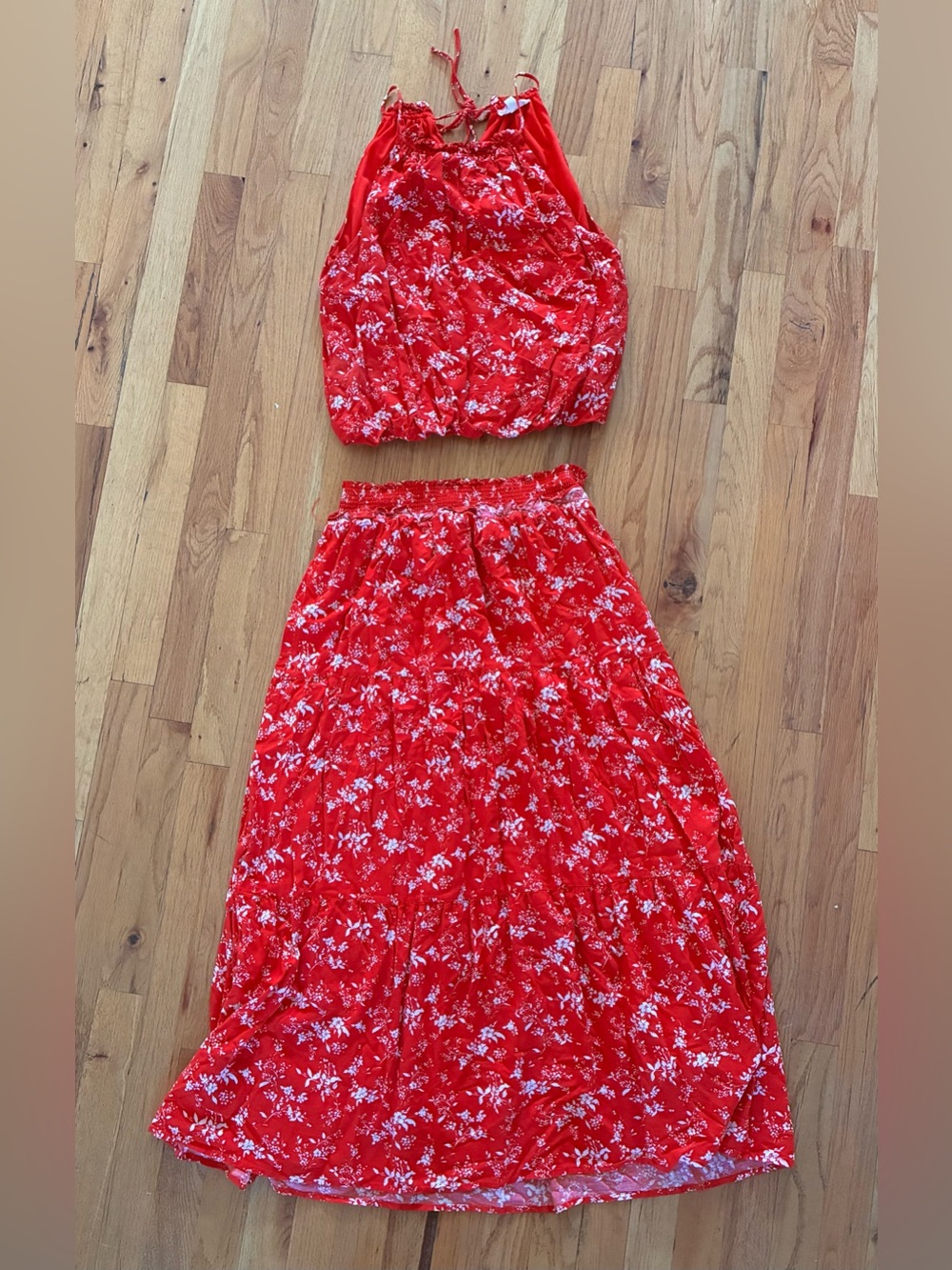 Anthropologie Red Floral Maxi Dress Set — Sleeveless Crop Top & Flowing Skirt